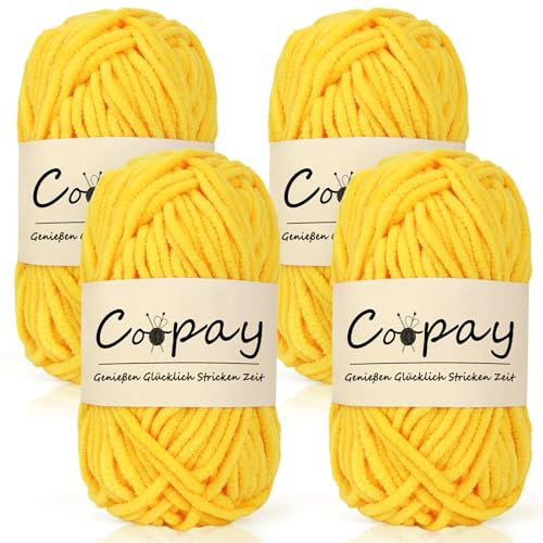 Coopay Chenille Chunky Wolle zum Häkeln Dickes Garn, 4 x 50g Dicke Wolle zum Stricken, Super Flauschig Weiches Wolle für Babydecke, Grobes Chenille-Garn für Hüte, Schals, Socken, Taschen - Goldgelb