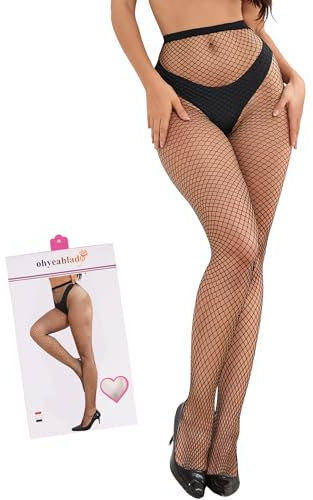 ohyeahlady Talla Grande Medias Rejilla Mujer de Cintura Alta Pantimedias Elástico de Red Collant Malla Fishnet Tights Calcetines Liga Stockings Altas Lenceria Lingerie Curvy en Caja (Negro,XS-M)