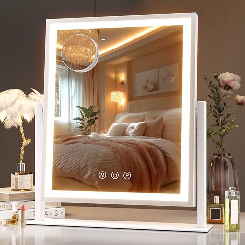 Hasipu Miroir de courtoisie avec lumières, Miroir de Maquillage LED 29 x 35 cm, Miroir Lumineux avec contrôle Tactile Intelligent, grossissement 10x, 3 Couleurs à intensité Variable, réglage de la