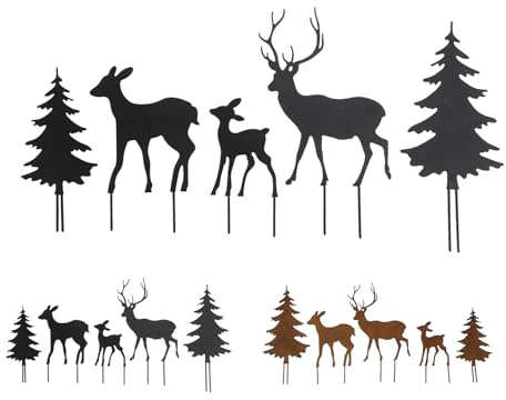 NETPROSHOP 1 Set Hirschfamilie mit Bäumen Gartenstecker Metall Höhe ca. 11-20 cm, Farbe:Schwarz