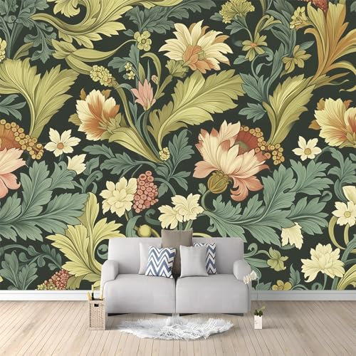 Photo Wallpaper William Morris Style Floral Pattern 350x256 cm Non-Woven Wall Mural, 3D Wallpaper Roll Mural, Moderne Living Room Bedroom Art Poster Mural Wallpaper