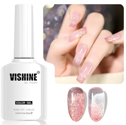 Vishine 16ml Vernis Gel Semi-Permanent Pailleté, Pink Sparkle UV Gel, Effet Diamant Vernis à ongles gel pour Nail Art et DIY, Couleur L312 Rose Stardust Glow