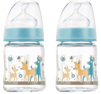 NIP Glas Babyflasche 2er SPack, Sauger extra fein, Silikon mit Anti-Kolik Ventil Verschlußplättchen, aus extra hitzebeständigem Glas, porenfrei glatt, made in GERMANY, 0% BPA, ab Geburt, Muttermilch
