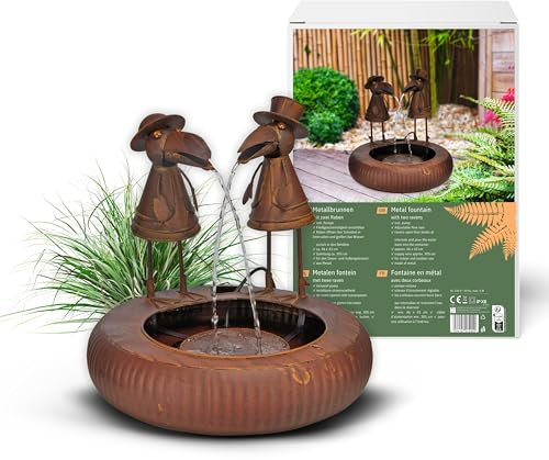 Schauer Metallbrunnen mit Zwei Raben – Wasserspiel in Rostoptik – Gartenbrunnen, Wasserspeier & Gartendeko für Draußen – Zimmerbrunnen, Springbrunnen & Tischbrunnen für Garten, Terrasse & Balkon