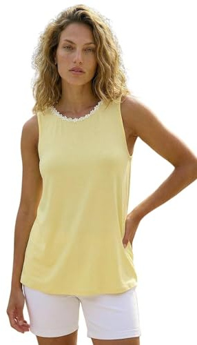 Roman Originals Daisy Neck Trim Vest Top for Women UK - Ladies Everyday Autumn Winter Round Neckline Comfy Soft Evening Vacation Work Party Night Out - Yellow - Size 20