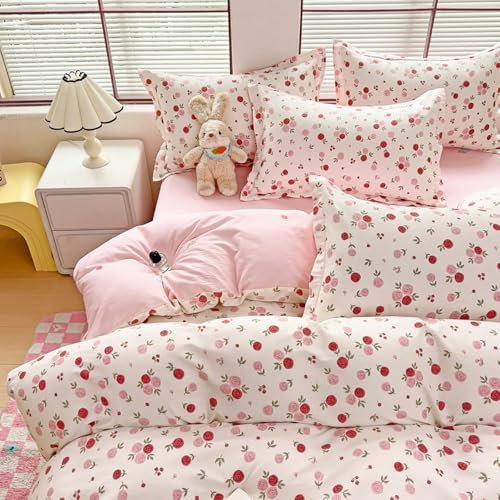Covebett Duvet Cover Double White Pink Floral Flowers Botanical Meadow Reversible Bedding Set Red Rose Flower Print Microfiber Comforter Cover 200x200 cm with Zipper Closure and 2 Pillowcases 50x75 cm