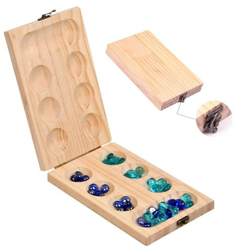 ZUNIPLEX Kalaha Spiel,Steinchenspiel Holz mit Steinen,Mancala,Hus Spiel,Edelsteinspiel für Kinder,Strategiespiele Kinder,Faltbares Holzbrett und schöne Bunte Steine
