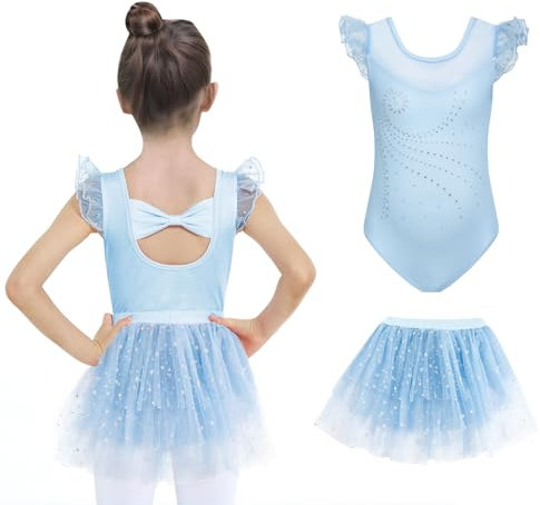 JiAmy Mädchen Ballettbekleidung Rüschenärmel Ballettkleid Kinder Ballett Outfit Tanzkleid Ballerina Kleid mit Rock Tütü für 7-8 Jahre,Blau