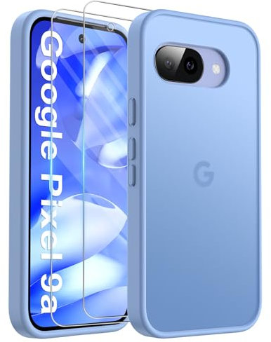 FLLAO Matt Handyhülle für Google Pixel 9a Hülle und 2 Schutzfolie, mit Kameraschutz [Militärnorm Schutz] urchscheinende PC Rückseite TPU Bumper Hülle für Pixel 9a - Blau