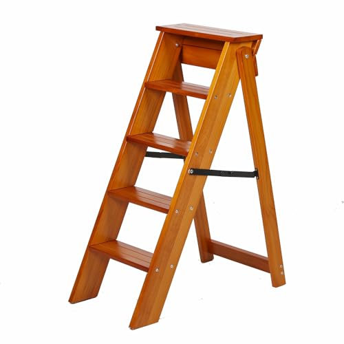 SFSLBFB Scala a 5 gradini in Legno massello, Sgabello Pieghevole per Uso Domestico, Multifunzionale, Piccola Scala a 5 gradini, Sedia per Scale da Interno, Sgabello (Noce Chiaro)