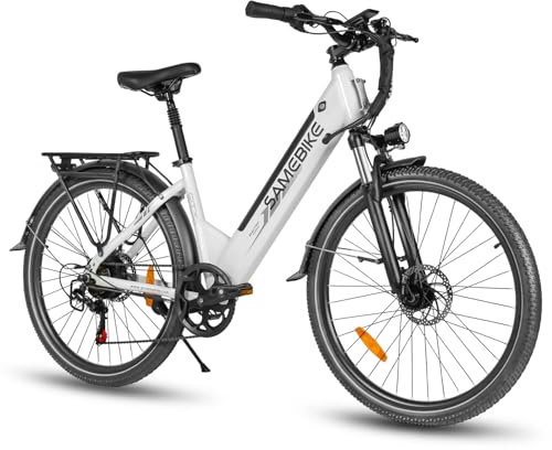 SAMEBIKE 26 Electric Bike for Adults, 25km/h&90km Range,Electric Bicycle with Front Basket, 36V 15Ah Removable Battery, 250W Powerful Motor e bike for Urban Commuting,Waterproof (white Ebike)