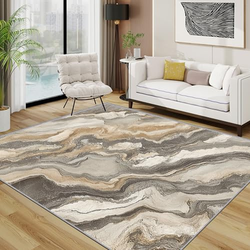 TerroVee Marmor Teppich Wohnzimmer 160x230 cm, Modern Abstrakt Minimalistisch Teppiche, Einfach Trendy Waschbar Kurzflor Groß Teppiche Für Schlafzimmer Kinderzimmer, Grau Braun Weiß