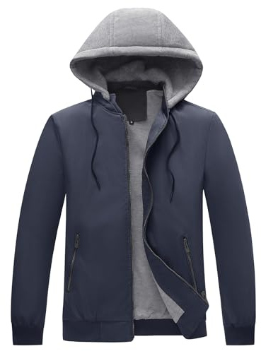 KUDORO Blouson Homme Léger pour Printemps Été avec Capuche Amovible Zippée Veste d'Extérieur Casual Bomber Coupe-Vent de l'Aviateur Classique(Bleu marin,S)