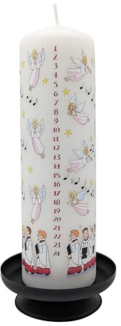 Alison Gardiner Angels & Choir Red with Musical Notes Advent Pillar Candle – Unscented Wax Christmas Countdown, 70hr Burn, Handmade in UK – Festive Candle for Table, Mantelpiece & Seasonal Décor