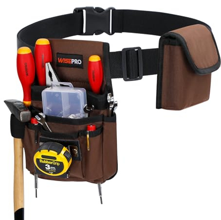 WISEPRO Werkzeuggürtel-Set - mit Hammeröse, Nageltasche,Werkzeugtasche und separat abnehmbarer Klapptasche –Gürteltasche Ideal für Handwerker, Elektriker und Gärtner – 17 Taschen, 23 x 16 x 7 cm
