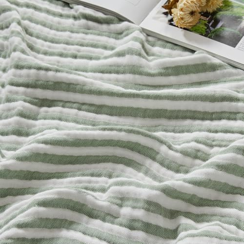 EMME Musselin Decke 100% Baumwolle 150x200 Gestreift Grün Tagesdecke | 4-Lagig Weiche Atmungsaktive Sofadecke & Überwurf Für Erwachsene Ganzjährig Vorgewaschen Couch Bettdecke