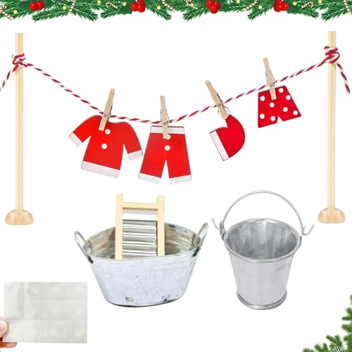 Wichtel Zubehör Weihnachten, 16 Stück Wichtel Wäscheständer Set, Miniatur Wäscheständer Set, mit Holzbügel/Kleider, Socken, Handschuhe, Eimer, Reibebretter, Puppenhaus Zubehör (A)