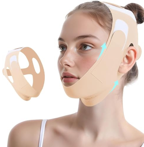 Reusable V Line Lifting Mask, Ice Cool Chin Strap for Double Chin and Jawline, Adjustable Bandage for Firming and Tightening Sagging Skin(Skin color)
