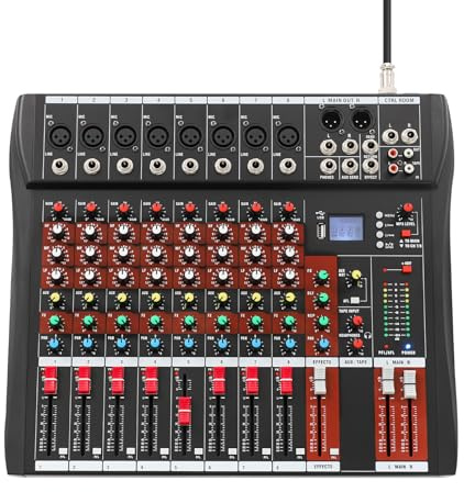 Czyurachel Audio Mixer, 8-Channel Professional Audio Mixer, LED-Anzeige, Integriertes Bluetooth, Sechs Musikgenres, 48-V-Phantomspeisung
