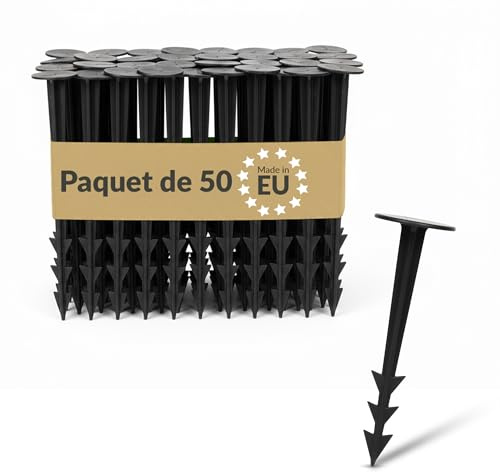 BAKOKI Fissaggio di ancoraggio a terra in plastica, 50 x – picchetti resistenti ai raggi UV, struttura a coste e ganci, testa larga, ideale per piante infestanti, geotessile, pacciamatura, prato