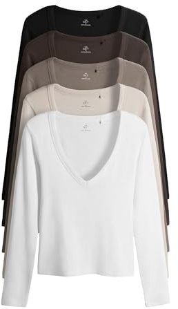 THE SET Damen gerippte Langarmshirts mit V-Ausschnitt, 5er-Pack Black/Browns/White XL