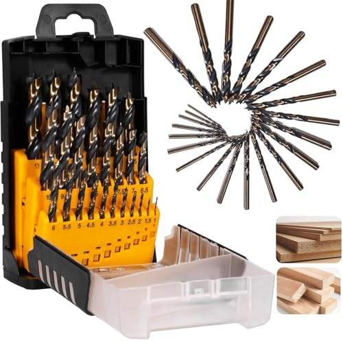 Brad Point Bohrer-Set, titanbeschichtet, HSS, vollgeschliffene Holzbohrer für Hartholz und Weichholz, 1–13 mm (0,5 mm Schritt) mit Aufbewahrungskoffer, 25 Stück
