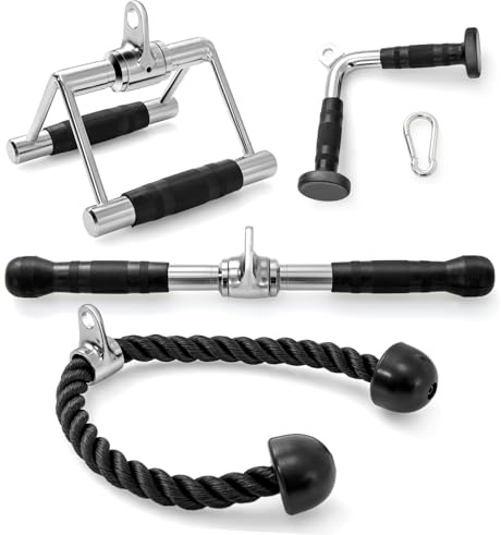 GYMAX Cable Machine Attachment Set, Weight Machine Accessories with Double D Roll Handle, V-Shape Handle, Triceps Rope and Straight Rotating Bar, LAT Pulldown Equipment for Home Gym | LAT Pulldown Equipment with Double D Roll Handle, V-Shape Handle, Triceps Rope and Straight Rotating Bar for Home Gym