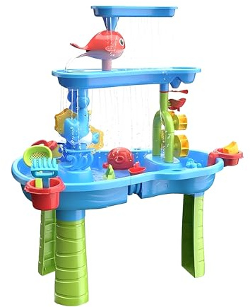 Relaxdays Wasserspieltisch 3 Etagen, viel Zubehör, HxBxT: 85x63x42,5 cm, Matschküche für Wasser & Sand, Kunststoff, bunt