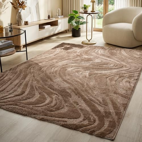 VIMODA Teppich Wohnzimmer Teppich Schlafzimmer 3D Effekt modern Weich kurzflor Wellenmuster Qualitativ,Maße:240x330 cm;Farbe:Mokka