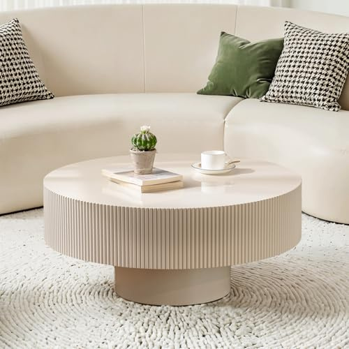 SOUWOFS 78,5CM Runder Couchtisch, Off-White, Geriffelte Struktur | Moderner Beistelltisch, Zeitgenössischer Akzenttisch, Holz-Mitteltisch, Für Wohnzimmer Apartment