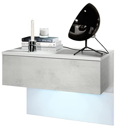 Vladon Nachttisch Sleep, Made in Germany, Nachttischschrank mit Schublade zur Wandmontage, Weiß matt/Beton Oxid-Optik, inkl. LED-Beleuchtung (60 x 46 x 35 cm)
