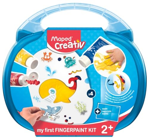 Maped Creativ - Kit de Peinture au Doigt - Mallette avec 4 Fiches à Peindre, 3 Tubes de Peinture 75 ml, 2 Planches de Stickers et 1 Nappe - Loisirs Créatifs, Dès 2 Ans