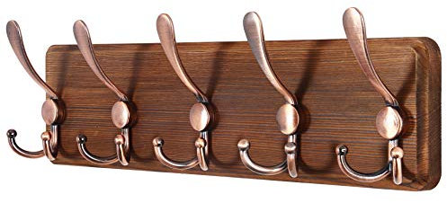SKOLOO Garderobenleiste Holz, Vintage, Stabile Kleiderhaken Wand mit 5 Dreifachhaken, zum Aufhängen von Kleidung, Mantel, Hüten, Jacken, Rucksack, Hakenleiste Holz Antiker auf Braun