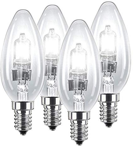 4 Pack 28W SES E14 Clear Candle Light Bulbs, Small Screw, Classic Incandescent Dimmable Lamps, 28W = 37W, 370 Lumen, Mains 240V, Energy Saving Halogen Bulbs