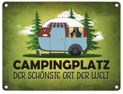 Campingplatz Metallschild in grün mit Wohnwagen Motiv Wohnmobil Urlaub Hobby Ort