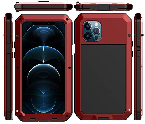 Marrkey for iPhone 12 Case Heavy Duty Metal Shockproof Tough Armour Red | Red 360 Full Body Protective Cover, Aluminum Alloy Case with Silicone Back and Built-in Screen Protector