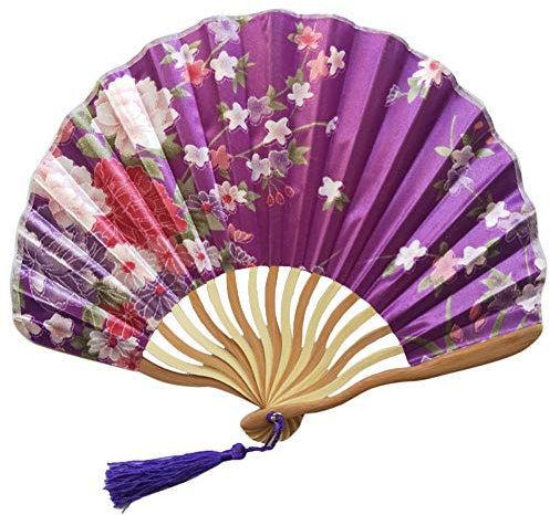 1SourceTek Silk Hand Held Folding Fans 8.27 inches (21cm) Women Hand Held Folding Fans With a Fabric Sleeve Protection for Gifts - Chinese Retro Style (Dark Purple)