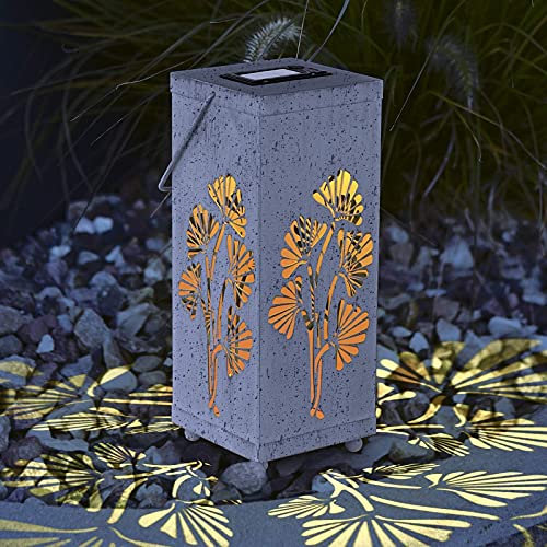 Solar LED Laterne mit Palmen-Dekor aus Metall in Beton-Optik, Windlicht, Hängelaterne, Gartenlaterne wetterfest, Metalllaterne, Balkon Deko
