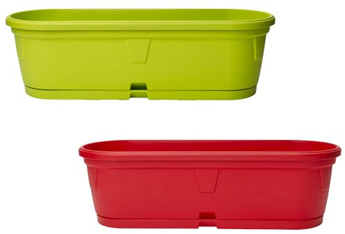 Gariella 2X Pflanzkübel mit Untersetzer für Innen- und Außenbereich wetterfest Dekoration Balkon Büro Pflanzgefäß Blumentopf länglich oval bunt