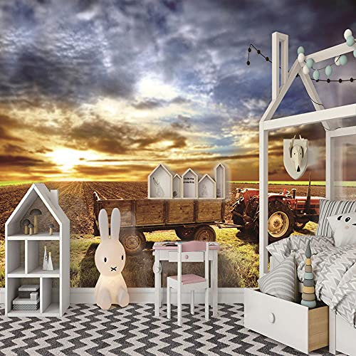 JXMFYY 3D Tapete Roter Traktor, Der Land Pflügt 250x175cm Vlies Tapeten Moderne Wanddeko Wandtapete xxl Design Wand Dekoration Wohnzimmer Schlafzimmer Büro Flur Landschaft