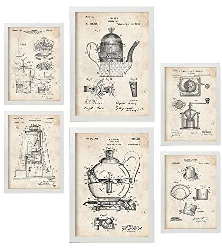 Nacnic Set von 6 Plakaten mit Kaffeemaschine Patenten. Plakate mit Retro-Patentabbildungen. Inneneinrichtung im Vintage-Stil. Grösse A4 und A3. Mit Rahmen.