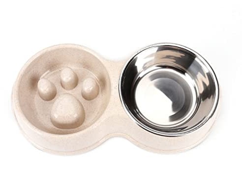 Double Slow Feeder Dog Bowl for Cat Dog and Puppy - Anti-choke Water and Food Puppy Feeder with Stainless Steel Detachable Dish and Non-Slip Bottom(S,White)