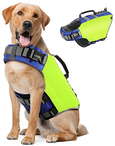 Pawaboo Schwimmweste Hund, Einstellbare Hundeschwimmweste mit Starkem Auftrieb und Langlebigem Rettungsgriff Reflektierend Rettungswesten für Hunde Schwimmen Surfen Bootfahren, XL, Helles Gelb