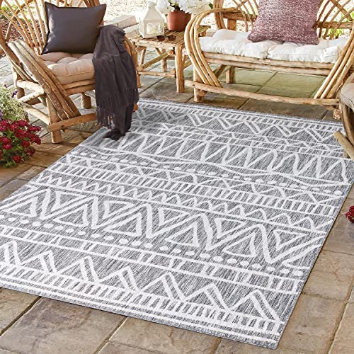 payé Outdoor Teppich Wetterfest - 240x340cm - Grau Weiß - Ethno Look - Teppiche für Terrasse Balkon Garten Indoor
