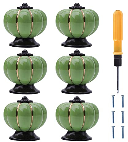 NAKUPENDA 6 Stück Keramik-Schrankknöpfe Kürbis Keramik Möbelknauf Schrankgriffe Keramikknöpfe für Möbel mit Schrauben für Büro Möbel, Küchenschrank, Schubladen,Kommode (Hellgrün)