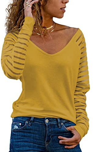 Homlan T-shirt à rayures à manches longues et col en V pour femme - Haut ample - Chemisier élégant - Tunique décontractée, jaune, M