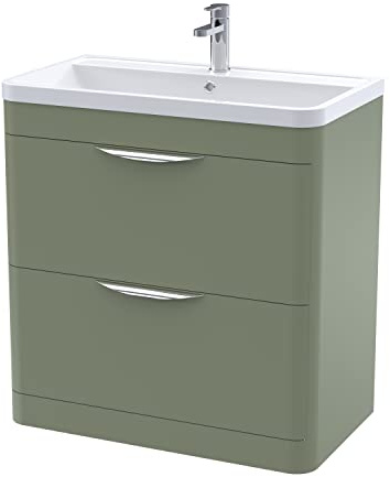nuie FPA804 Parade Modern Bathroom Floor Standing 2 Drawer Vanity Basin Cabinet with Polymarble Basin, 800mm, Satin Green