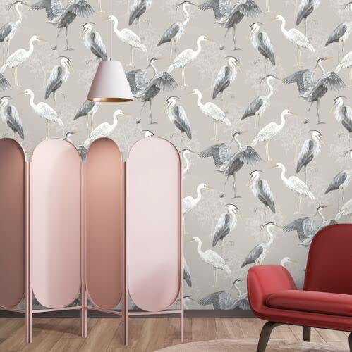 SOPHIE LAURENCE Grey Stork Heron Greige Natural Birds Nature Design Wallpaper – Inspired Wallpaper for Any Home/Residential Space – Suits Every Décor Style