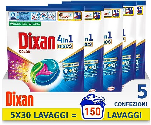 Dixan Discs Color, Detersivo Lavatrice in Capsule, Confezione da 5 x 30 lavaggi