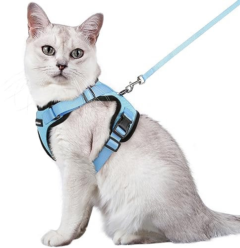 rabbitgoo Katzengeschirr mit Leine Softgeschirr für Katze Brustgeschirr Cat Harness Katzengarnitur ausbruchsicher verstellbar Katzenweste Hellblau M
